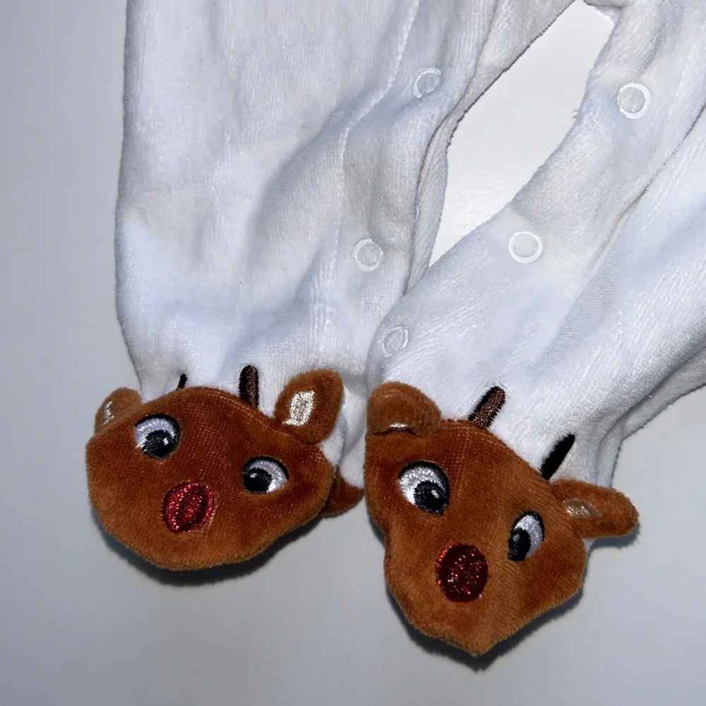 Baby Girl Rudolph 3‎ Month White Velour Christmas Footed Outfit